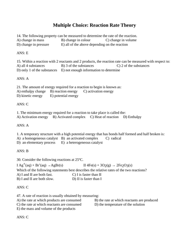 REACTION RATE THEORY Multiple Choice Grade 12 Chemistry WITH ANSWERS (18PG)