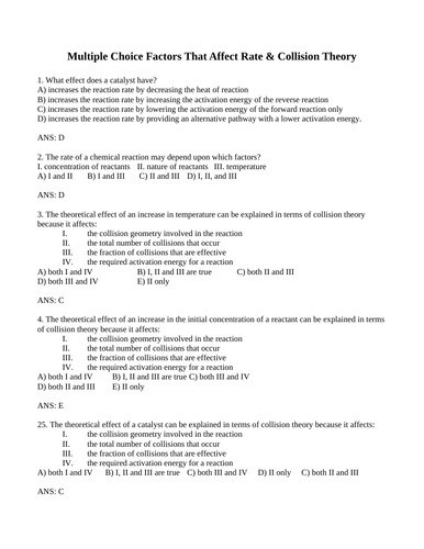 COLLISION THEORY and REACTION RATE FACTORS Multiple Choice Grade 12 Chemistry WITH ANSWERS (15 PGS)