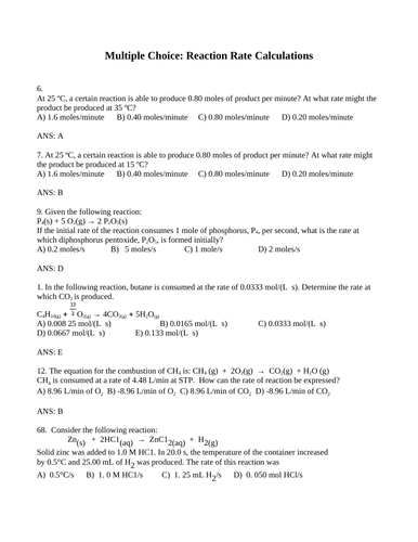 CALCULATING REACTION RATES Multiple Choice Grade 12 Chemistry WITH ANSWERS 16PG