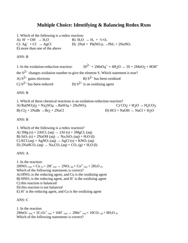 IDENTIFYING AND BALANCING REDOX REACTIONS Multiple Choice Grade 12 Chemistry WITH ANSWERS (15PGS)