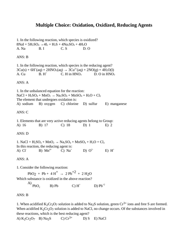 REDUCING AND OXIDIZING AGENTS, OXIDATION REDUCTION Multiple Choice Grade 12 Chemistry WITH ANSWERS