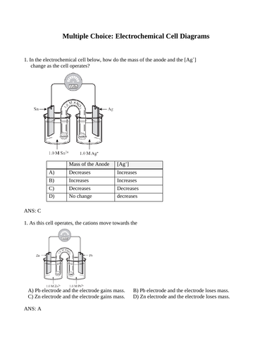 ELECTROCHEMICAL CELL DIAGRAMS Multiple Choice Grade 12 Chemistry Anode Cathode WITH ANSWERS (30PG)