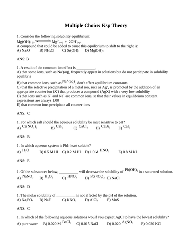 SOLUBILITY PRODUCT THEORY Ksp Multiple Choice Grade 12 Chemistry WITH ANSWERS (19PG)