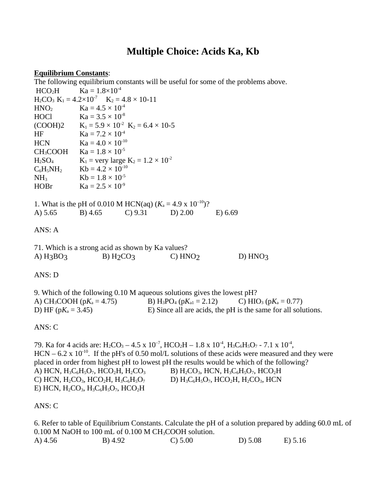 CALCULATING Ka Kb Kw WEAK ACID AND BASE Multiple Choice Grade 12 Chemistry WITH ANSWERS (21PG)