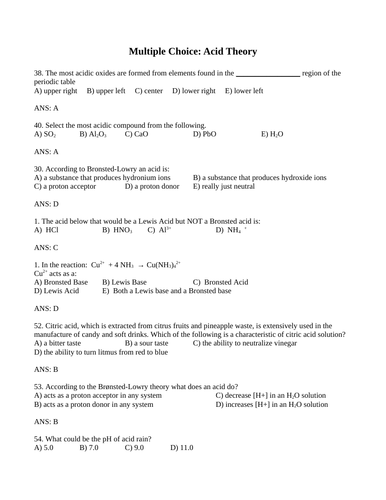 ACID THEORY Arrhenius Acid Bronsted Lowry Acids Multiple Choice Grade 12 Chemistry WITH ANSWERS 23PG