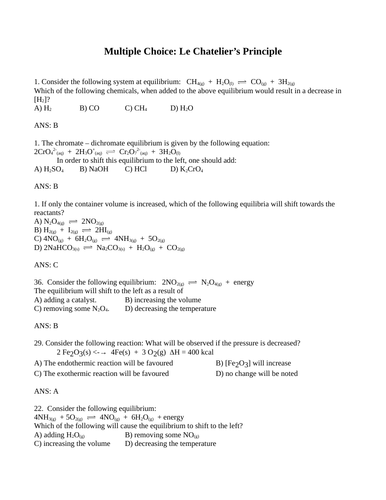 Le CHATELIER'S PRINCIPLE Multiple Choice Grade 12 Chemistry WITH ANSWERS (15PGS)