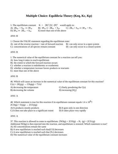 EQUILIBRIA THEORY Kc, Keq Multiple Choice Grade 12 Chemistry WITH ANSWERS (12PG)