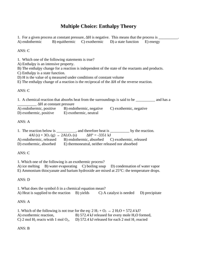 ENTHALPY THEORY Exothermic & Endothermic Reactions Multiple Choice Grade 12 Chemistry WITH ANSWERS