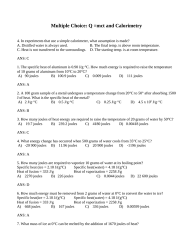 Q=MCT and CALORIMETRY Multiple Choice Grade 12 Chemistry WITH ANSWERS (21PGS)