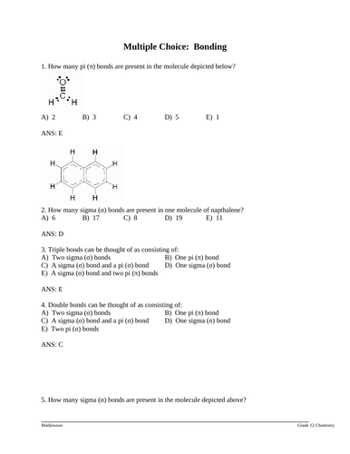 MULTIPLE CHOICE ORBITALS AND BONDING Multiple Choice Grade 12 Chemistry WITH ANSWERS (22 PGS)