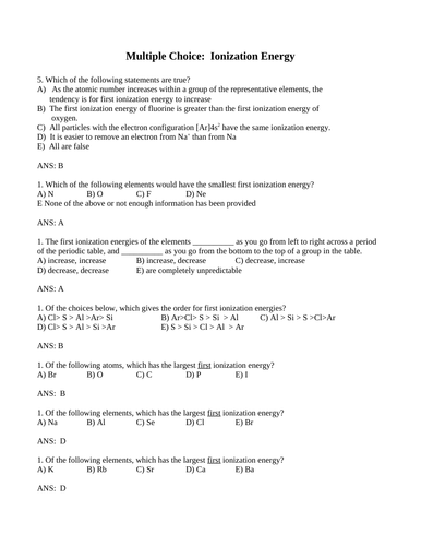 PERIODIC TABLE TRENDS Multiple Choice Grade 12 Chemistry WITH ANSWERS (14 PGS)