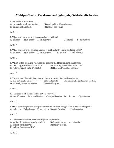 ORGANIC REACTIONS WITH ANSWERS Multiple Choice Grade 12 Chemistry Addition Elimination (14 PGS)