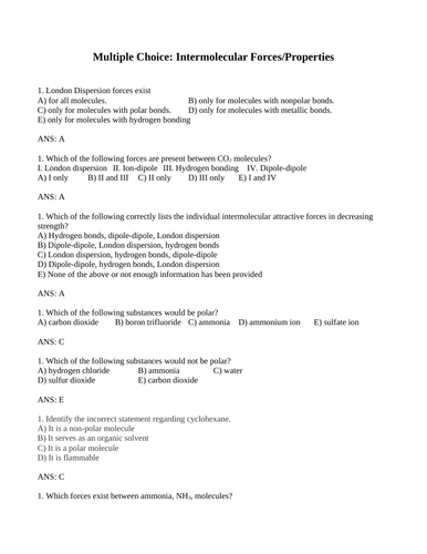 INTERMOLECULAR FORCES Multiple Choice Grade 12 Chemistry WITH ANSWERS (9PG)