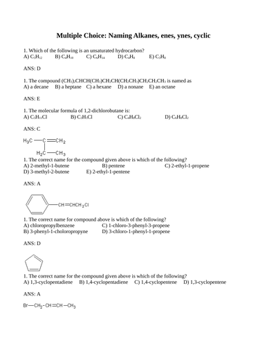 NAMING ALKANES, ALKENES, ALKYNES Multiple Choice Grade 12 Chemistry WITH ANSWERS (19PGS)