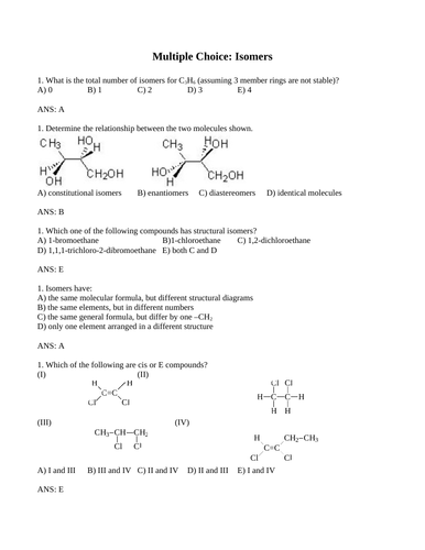 STEREOISOMERS and STRUCTURAL ISOMERS Multiple Choice Grade 12 Chemistry WITH ANSWERS (12PG)