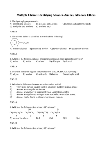 IDENTIFYING ORGANIC COMPOUNDS Alkanes Alcohols Multiple Choice Grade 12 Chemistry WITH ANSWERS 16PG