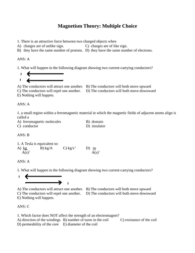 Magnetic Fields MAGNETISM THEORY MULTIPLE CHOICE Grade 11 Physics WITH ANSWERS (17PG)