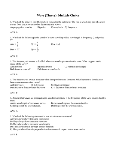 Wave Period Frequency, Amplitude, Velocity, WAVES MULTIPLE CHOICE Grade 11 Physics WITH ANSWERS 22PG