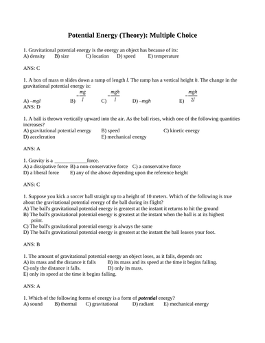 KINETIC ENERGY and POTENTIAL ENERGY Multiple Choice Grade 11 Physics WITH  ANSWERS (10PGS) | Teaching Resources