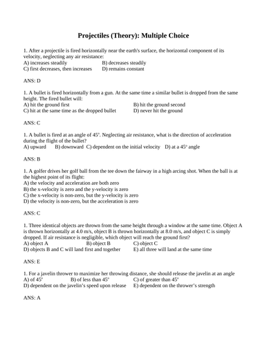 PROJECTILE MOTION MULTIPLE CHOICE Grade 11 Physics WITH ANSWERS (27 PGS)