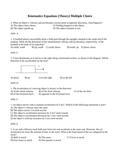 Kinematic Equations, Motion, Velocity, Acceleration Multiple Choice Grade 11 Physics WITH ANSWERS