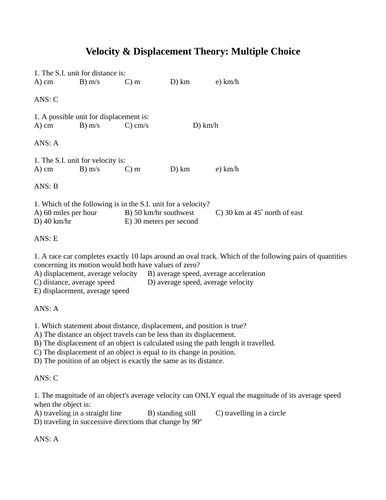 V=D/T, DISPLACEMENT, VELOCITY Multiple Choice Grade 11 Physics WITH ANSWERS 12PG