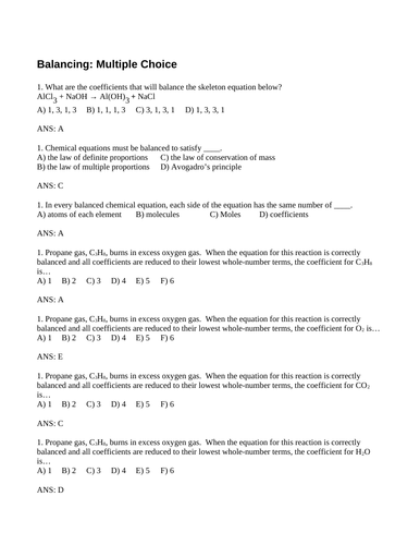 Balancing Chemical Equations Multiple Choice Grade 11 Chemistry Grade 10 Science WITH ANSWERS 20PGS