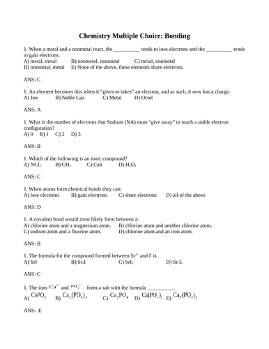 Ionic Bonding, Covalent Bonding, Metallic Bonding Multiple Choice Grade 10 Science WITH ANSWERS 17PG