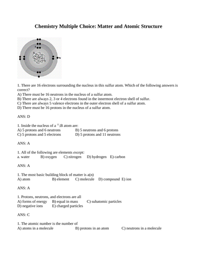 ATOMIC STRUCTURE AND MATTER Multiple Choice Grade 10 Science WITH ANSWERS (24PG)