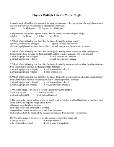 Light, Mirrors, Snell's Law, Refraction, Reflection, Physics Unit