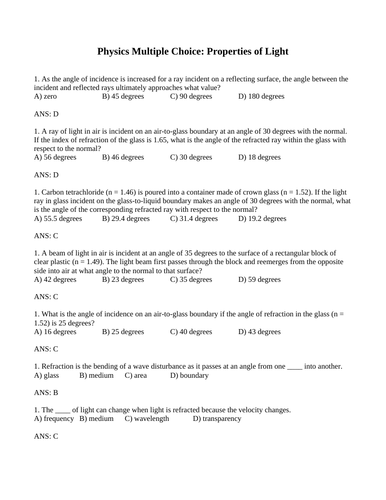 LIGHT PROPERTIES, Snell's Law, Refraction, Reflection, Physics Unit Multiple Choice Grade 10 Science