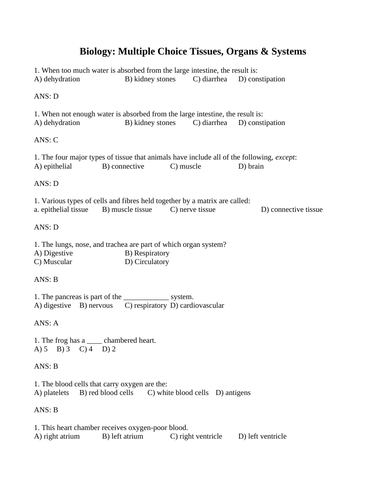 Tissues, Organs and Organ Systems BIOLOGY MULTIPLE CHOICE Grade 10 Science WITH ANSWERS (13 PAGES)