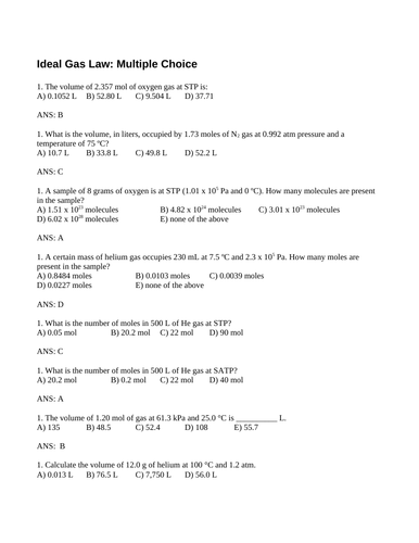 IDEAL GASES & IDEAL GAS LAW Multiple Choice Grade 11 Chemistry WITH ANSWERS (15PG)