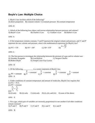 GAS LAWS, Boyles, Guy-Lussacs, Charles Law,  Multiple Choice Grade 11 Chemistry WITH ANSWERS (15PGS)