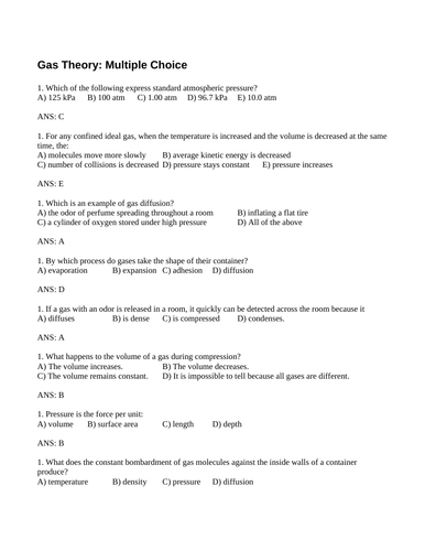 CHEMISTRY GASES MULTIPLE CHOICE Grade 11 Chemistry Gas Theory WITH ANSWERS (21PG)