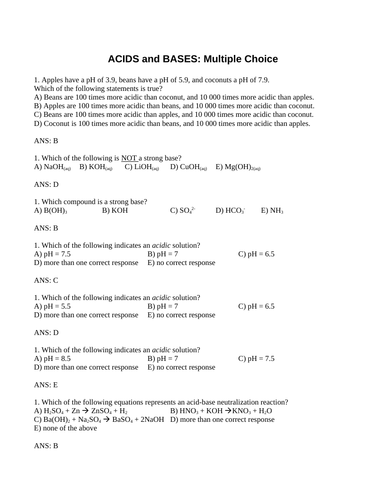 ACIDS AND BASES MULTIPLE CHOICE Grade 11 Chemistry pH Scale, Neutralization WITH ANSWERS (20 PGS)