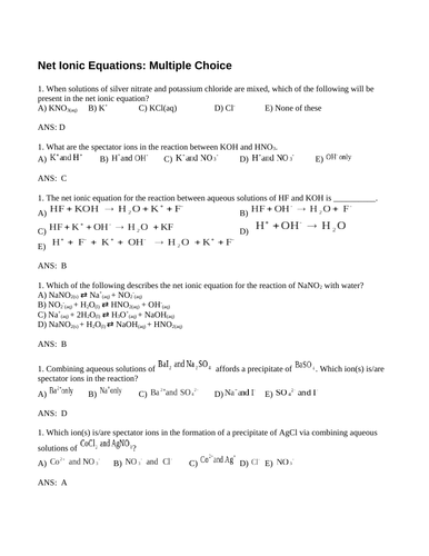 NET IONIC EQUATION and PRECIPITATES Multiple Choice Grade 11 Chemistry WITH ANSWERS (14PG)
