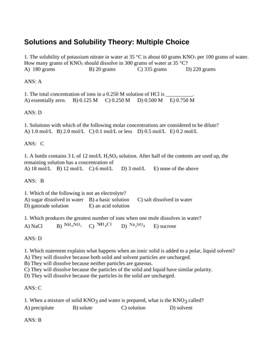 Solutions, Solubility and Rate of Dissolving Multiple Choice Grade 11 Chemistry WITH ANSWERS (17PGS)