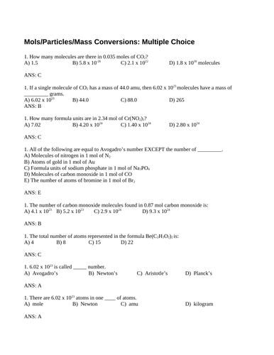 CONVERTING ATOMS to MOLECULES to MOLES Multiple Choice Grade 11 Chemistry WITH ANSWERS (19PG)