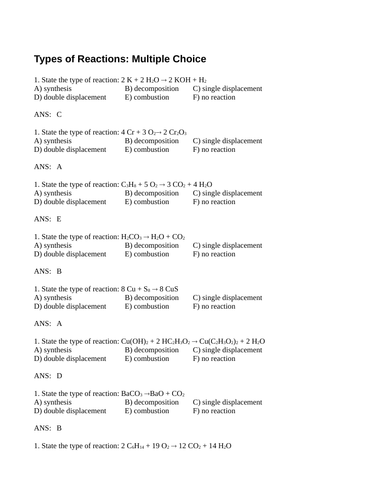 Predicting Reaction Type, Synthesis, Decomposition, Displacement, Multiple Choice Grade 11 Chemistry