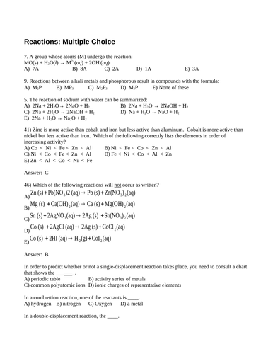 Chemical Reactions, Single & Double Displacement, Synthesis Multiple