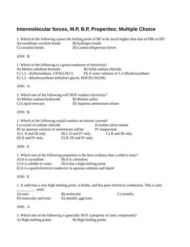 INTERMOLECULAR FORCES Short Answer & Multiple Choice Grade 11 Chemistry WITH ANSWERS  (14 PGS)