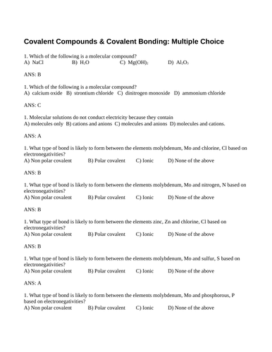 MOLECULAR COMPOUNDS and COVALENT BONDING Multiple Choice Grade 11 Chemistry WITH ANSWERS (15PG)