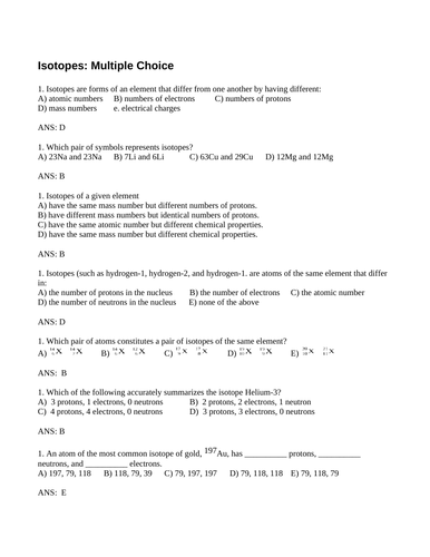ISOTOPES MULTIPLE CHOICE Grade 11 Chemistry & S.A. Average Atomic Mass WITH ANSWERS (14PG)