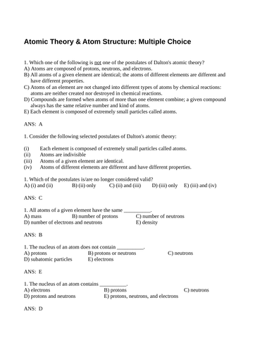 ATOM STRUCTURE & ATOMIC THEORY Multiple Choice Grade 11 Chemistry WITH ANSWERS (11PG)