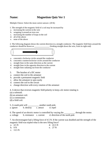 Magnetism Quizzes #1 Grade 11 Physics