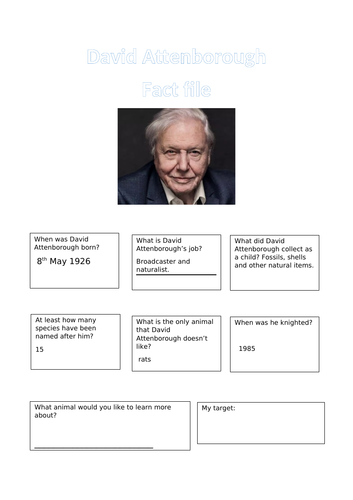 David Attenborough Fact File worksheet, Facts, Answer sheet and ...