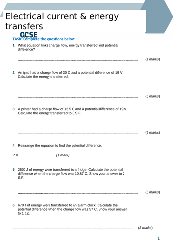 Electrical Currents and Energy Transfer | Teaching Resources