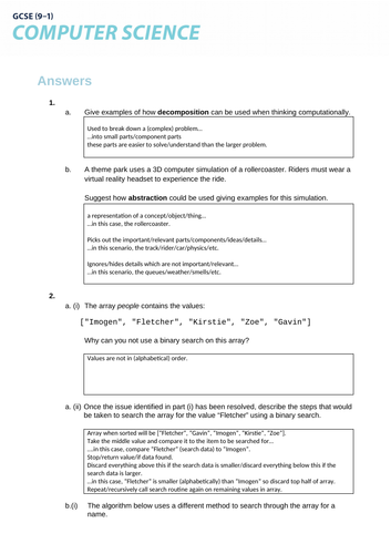 J277 OCR GCSE Computer Science: 2.1 Algorithms - END OF UNIT TEST + ANS ...