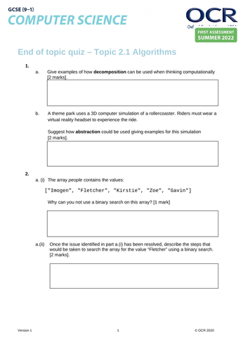 J277 OCR GCSE Computer Science: 2.1 Algorithms - END OF UNIT TEST + ANS ...